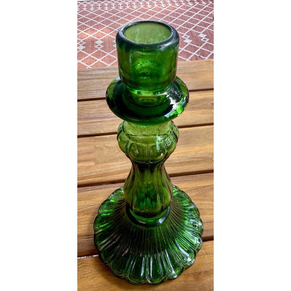 Vintage Italian Green Glass Decorative Bottle Candle Holder 9.25x5”